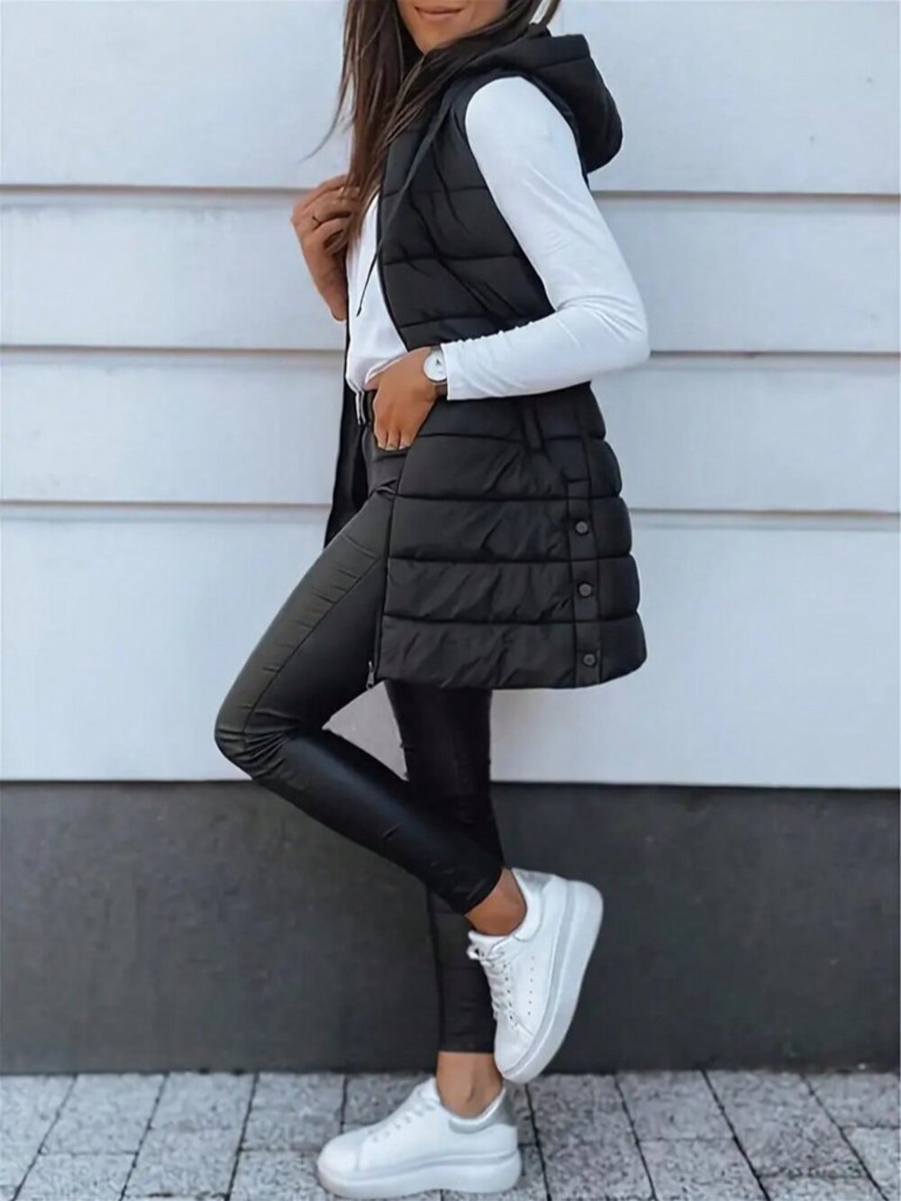 Black Casual Women's Regular Zip Hooded Vest